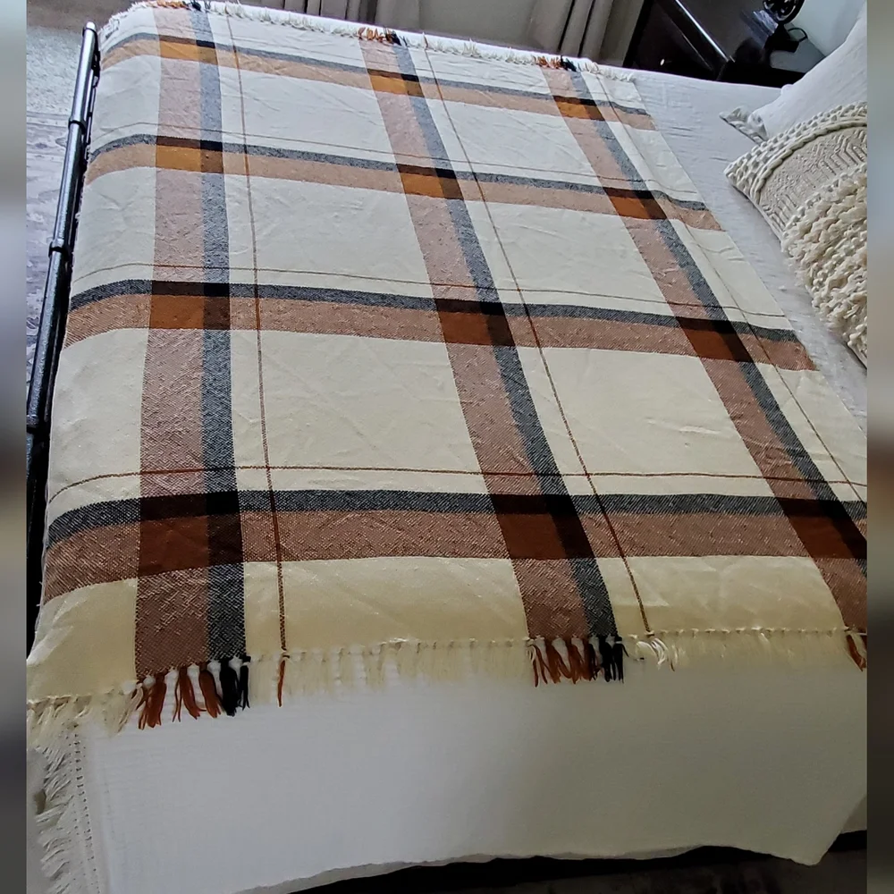 We Three Weavers Handwoven 100% Wool Cream/Black/Terra Cotta Plaid Throw Blanket